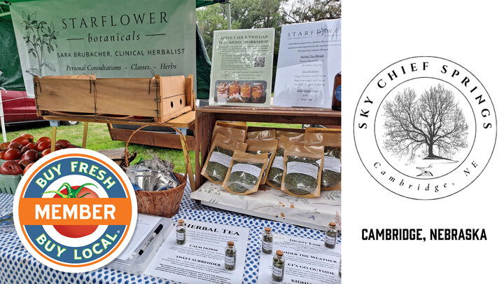 Spotlight image for Sky Chief Springs showing a famers market booth selling tomatoes and packaged dried herbs